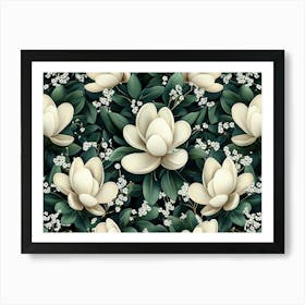 Magnolia Flowers Seamless Pattern, Luxury Art, Floral Background Art Print