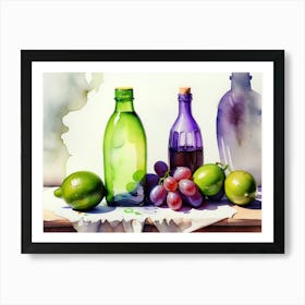 Lime and Grape near a bottle watercolor painting 21 Art Print