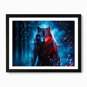 Full Body Wolf Enhanced With Blue And Red Sparks Amidst Rain Striking An Ethereal And Supernatural Art Print