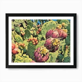 Blooming Prickly Pear Cactus. A vibrant depiction of prickly pear cacti with ripe magenta fruit and yellow flowers under a bright blue sky. The lush green pads and sharp spines add a dynamic texture to the scene. Art Print