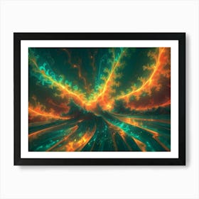 Abstract Fractal Art Featuring A Swirling, Fiery Design With Glowing Orange And Blue Elements, Against A Dark Background Art Print