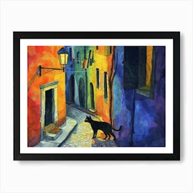 Black Cat In Ravenna, Italy, Street Art Watercolour Painting 1 Art Print