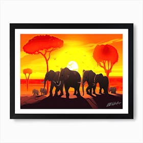 Serengeti Safari - Elephants At Sunset Dusk Art Print