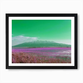 Green Mt Blanca over Lake of Pink Flowers Art Print