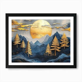 3d Landscape Moon with Golden Christmas Trees and Colorful Mountains Art Print