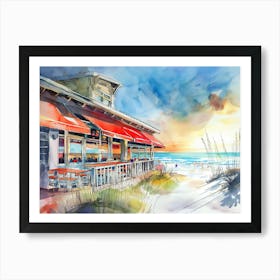 Watercolor Painting Of A Colorful Beachside Restaurant With Red Awnings Art Print