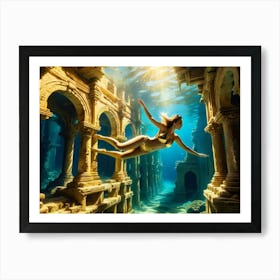 Woman swimming in gold underwater ruin 7 Art Print