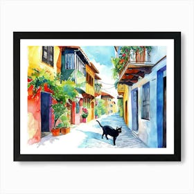 Antalya, Turkey   Black Cat In Street Art Watercolour Painting 1 Art Print