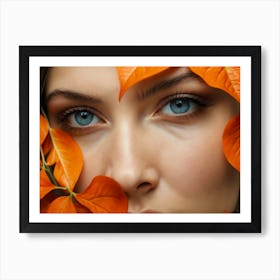 Artistic portrait beautiful woman blue eyes behind orange autumn leaves Art Print