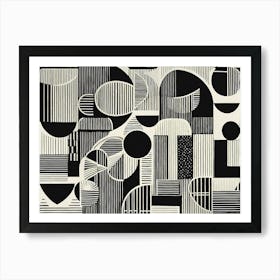 Retro Inspired Linocut Abstract Shapes Black And White Colors art, 229 Art Print