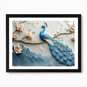 3d Artwork Background Blue Peacock On Branch Poster