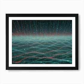 Abstract Landscape With Glowing Lines Of Red And Green Light And Dots Of Light In A Blue, Cloudy Night Sky Art Print