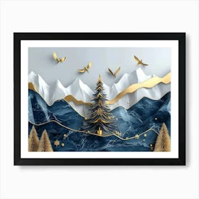 3d Modern Art With Blue Night Landscape With Dark Mountains, Giant Golden Tree And Gold 2 Poster