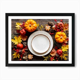 Autumn Themed Table Decor Featuring An Assortment Of Yellow And Orange Leaves Acorns Amidst A Garde (1) Art Print