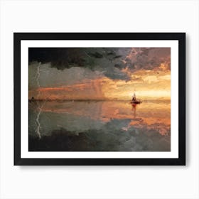 Boat Storm And Lightning Oil Painting Landscape Art Print