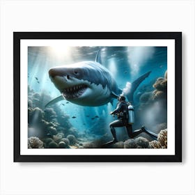 Scuba Diver And Great White Shark 5 Art Print