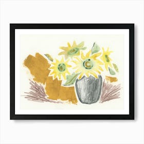 Yellow Sunflowers In Gray Vase - floral still life minimal contemporary light hand painted Art Print