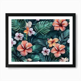 Tropical Seamless Pattern with Exotic Flowers and Leaves 2 Art Print