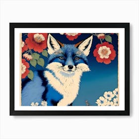 Fox Blue Eyes With Flowers Art Print