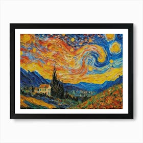 Country Village And Starry Night Art Print