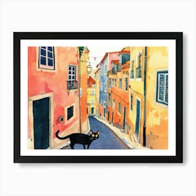 Lisbon, Portugal   Cat In Street Art Watercolour Painting 3 Art Print