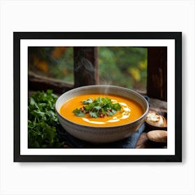 Autumn Pumpkin Curry Soup Steaming In An Earthenware Bowl Vibrant Orange Against Dark Green Lettuc (3) Art Print