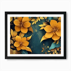 Golden Floral Art Background, Abstract Vintage Flower Design, Artwork Gold Nature Art Print