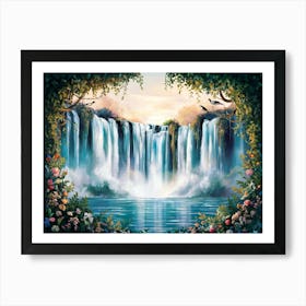 Majestic Forest Waterfall Painting #1 Art Print