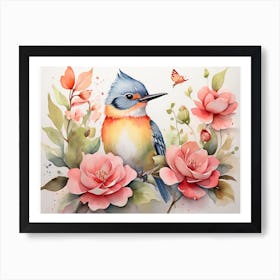 Vintage Bird With Roses Art Print