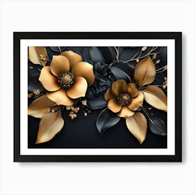 Gold Flowers On Black Background 5 Art Print