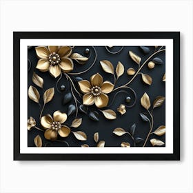 Elegant 3d Gold Floral Motif on Black Art Print