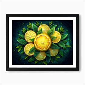 Lemon Slices With Green Leaves On A Blue Background Art Print