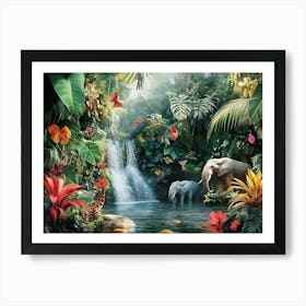 3d Jungle Scene With Exotic Animals Painting Art Print