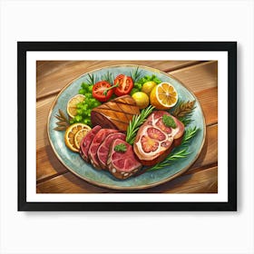 Delicious Grilled Steak With Lemon And Tomatoes On A Plate Art Print