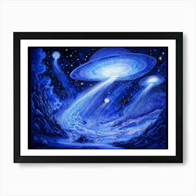 Cosmic Voyage Surreal Hand Drawn Fantasy Floating Ufos Amidst Gossamer Like Dreamlike Waves Deep Art Print