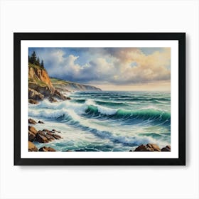 Waves in Motion: Nature’s Strength Rocky Shore Art Print