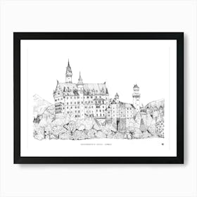 Neuschwanstein Castle - Bavaria Landscape Sketch - Fine Line Germany Travel Art Art Print