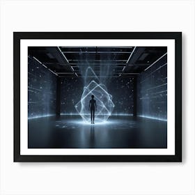 A Silhouetted Figure Stands In A Dark Room, Illuminated By A Swirling Network Of White Lines And Particles Art Print