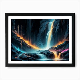 A Surreal Landscape With Cascading Waterfalls Of Blue And Yellow Light Art Print