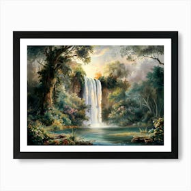 Majestic Waterfall Forest with Flowers Painting #5 Art Print