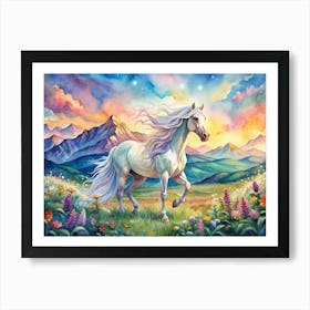 Watercolor Painting Of A White Horse Running Through A Mountain Landscape Art Print