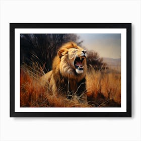 African Lion Roaring Realism Painting 4 Art Print
