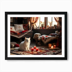 White Cat In A Room With Candles Art Print