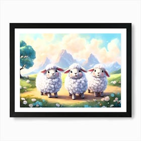 Three Sheep In A Field Art Print