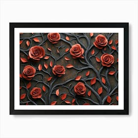 2d Texture Of Branches With Red Roses And Leaves 1 Art Print