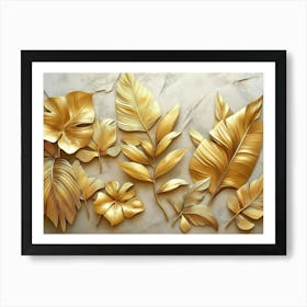 3d Gold Floral Plants And Palm Tropical Leaves Art Print