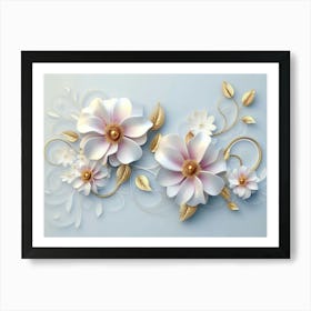 3d Art With White And Pink Flowers, Golden Swirls And Leaves On Light Blue 1 Art Print