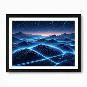 A Dark, Mountainous Landscape At Night Illuminated By A Network Of Glowing Blue Lines, Representing Data, Technology, Or Energy Art Print