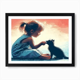 Little girl playing with her kitten wall art poster Art Print