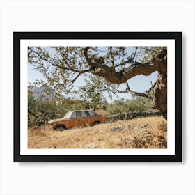 Yellow old car and olive trees Art Print